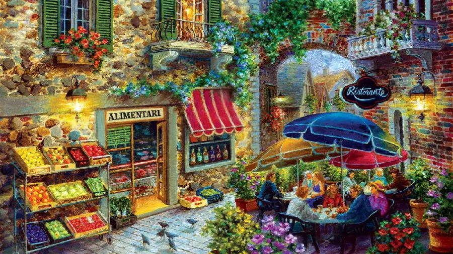 Painting of cafes and fruit shops on the streets of Italy with High quality and free