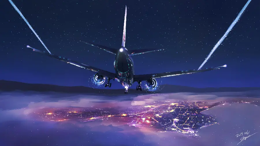 Purple Airplane Background Flying Over City