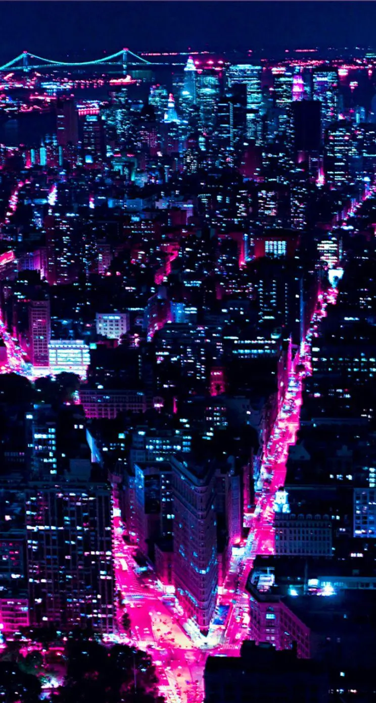 City of lights at night in pink and purple for the wallpaper of girls' phones