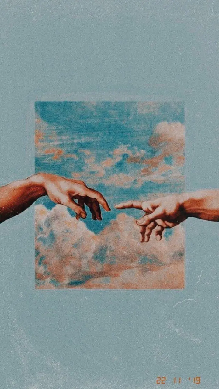 Photo of Michelangelo's hands painting on a blue background for mobile wallpaper
