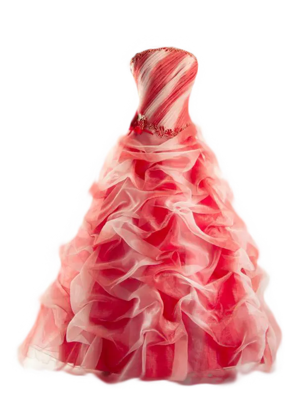 Red and pink evening dress with a flower-like skirt for a wedding ceremony