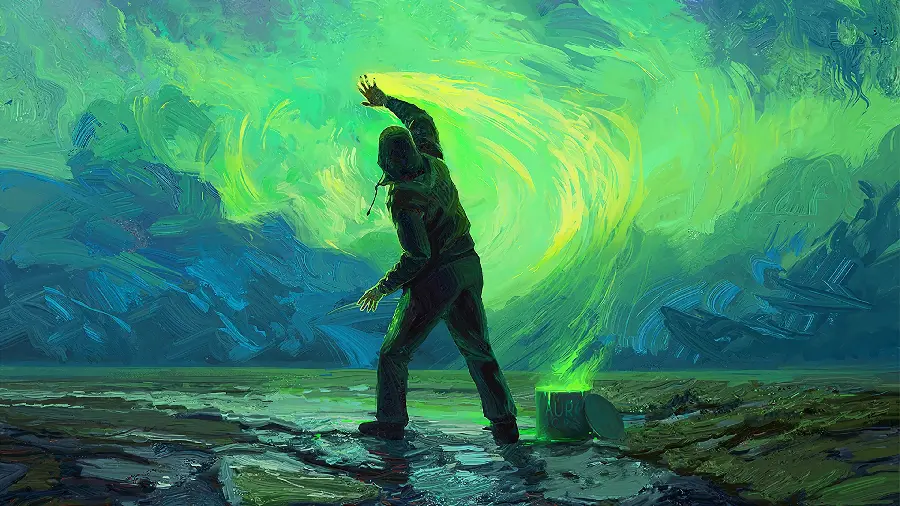 Fantasy Wallpaper of a Painter Drawing a Green Pattern