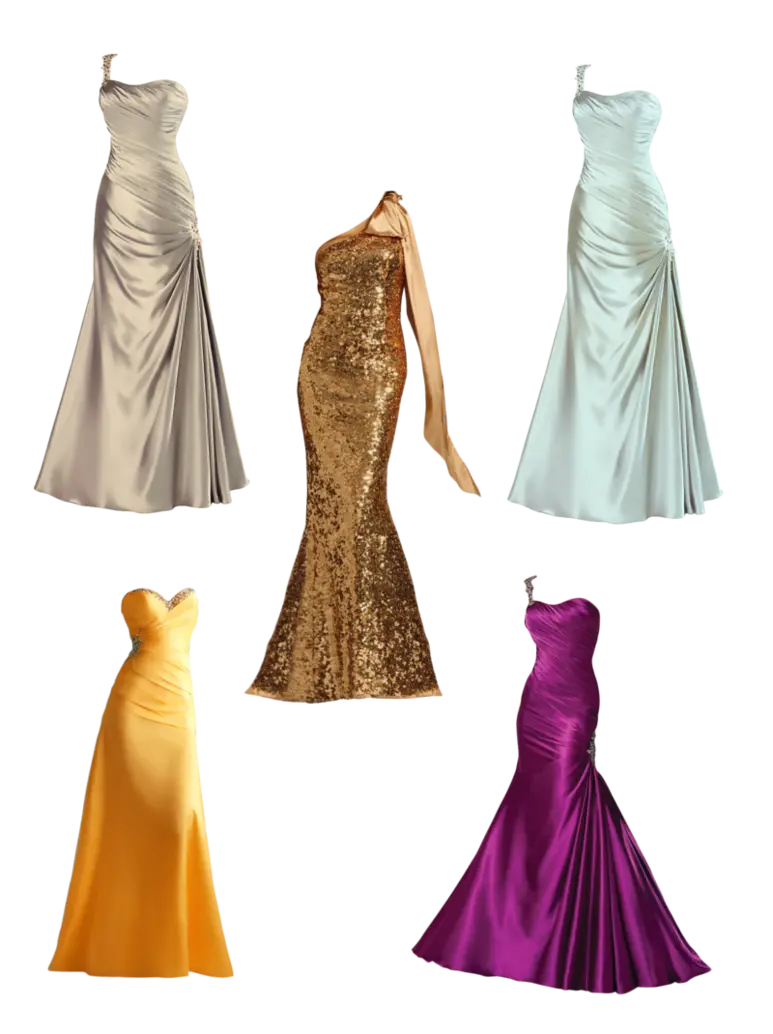 High-quality image of 5 wonderful evening dress examples without a background for special parties