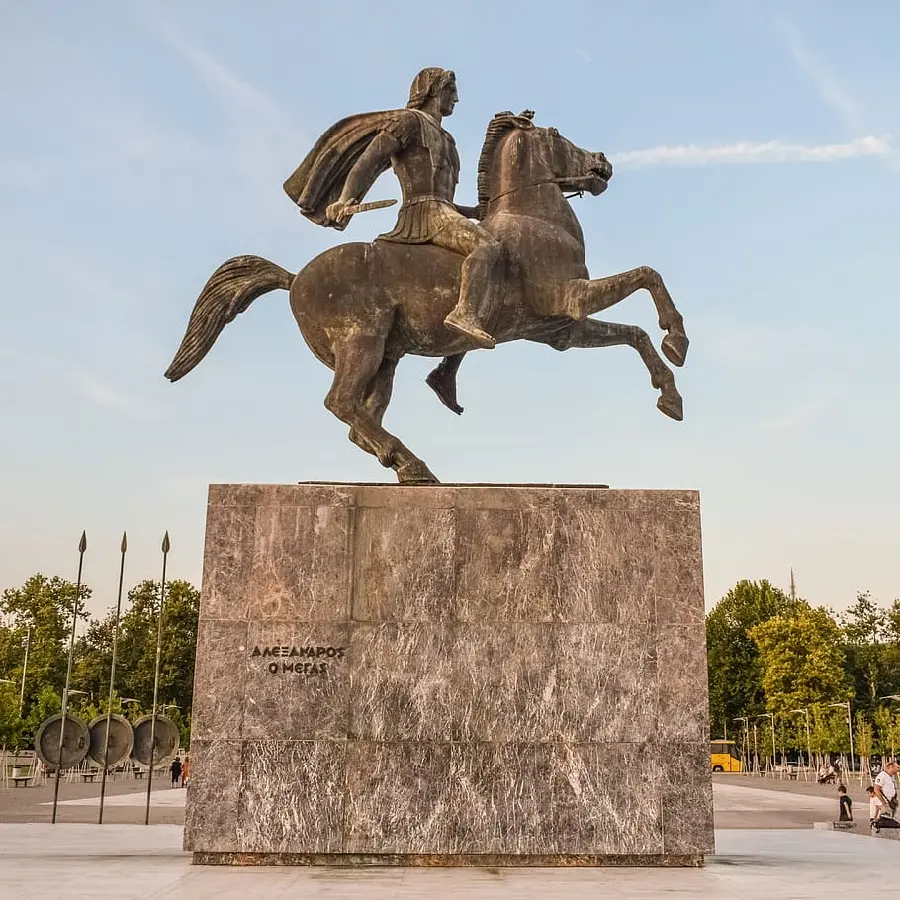 The great statue of Alexander the Great in the middle of the square riding on Horse