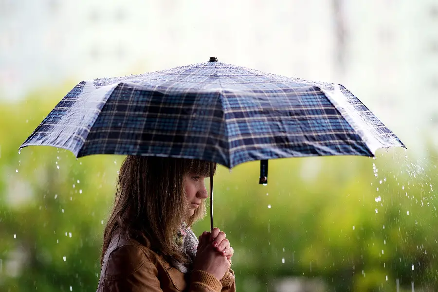 Real and simple high-quality photo of a girl and an umbrella raining