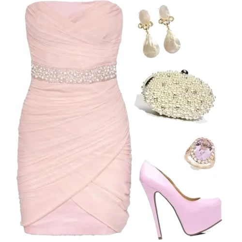 Luxury pink evening dress bag and shoes in png format