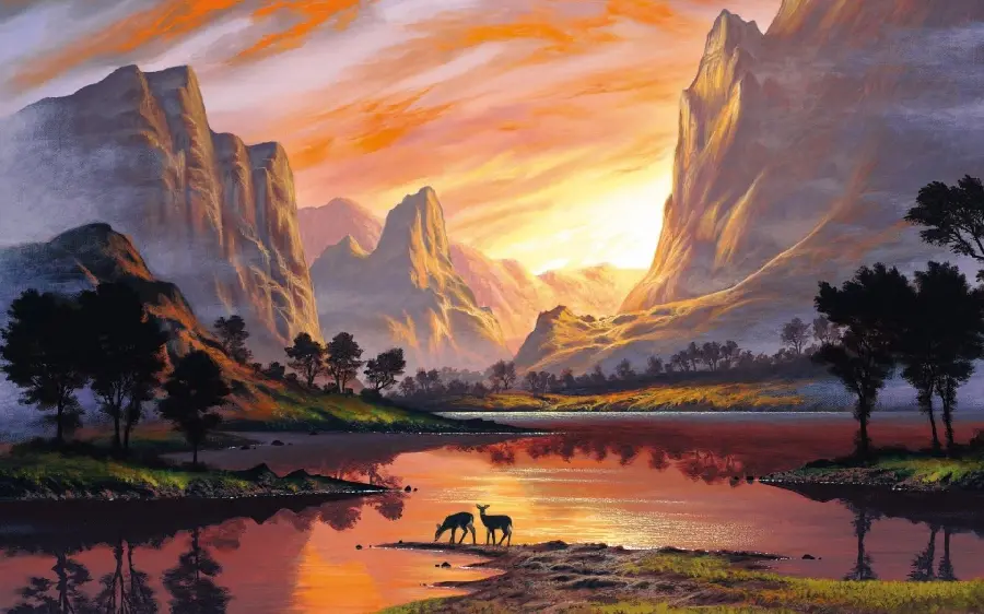 Painted image of a rocky valley with a river at sunset with deer drinking water
