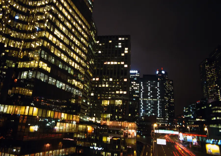 Commercial and office towers and buildings at night