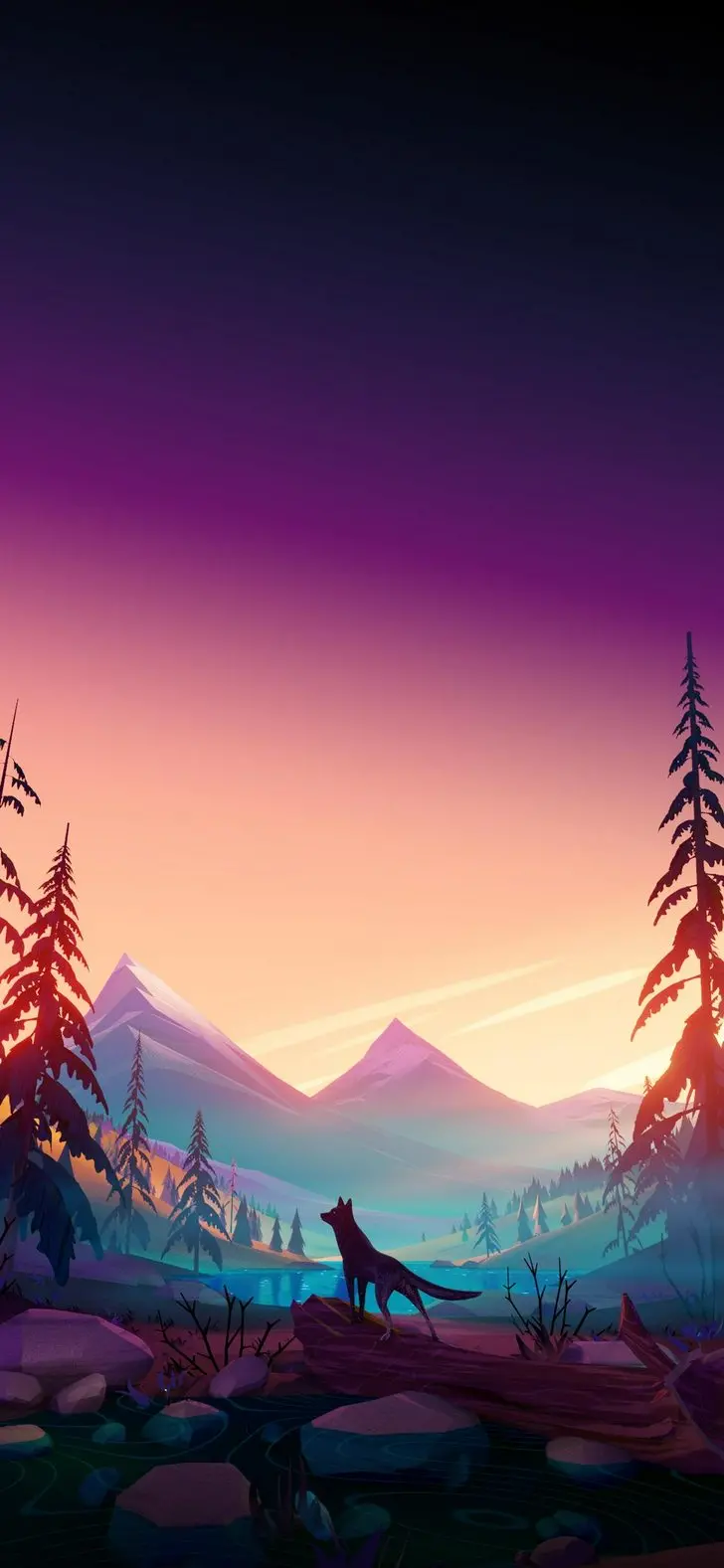 Fantasy phone background photo with a beautiful fox design next to the sunset