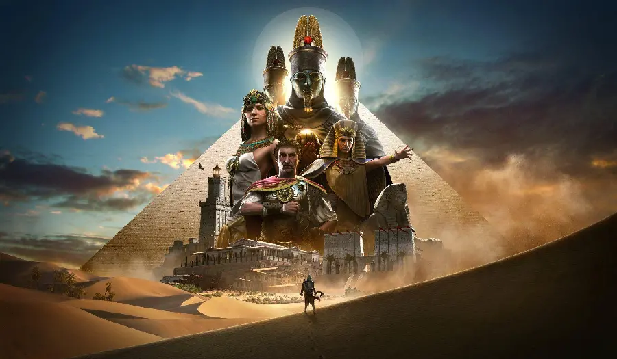 Wallpaper of great Egyptian figures and Julius Caesar, the Roman commander in the computer game