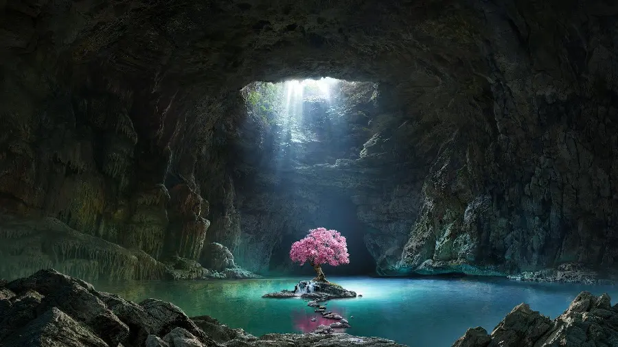 Download desktop wallpaper of a lake and a cave with a blossoming tree in the middle