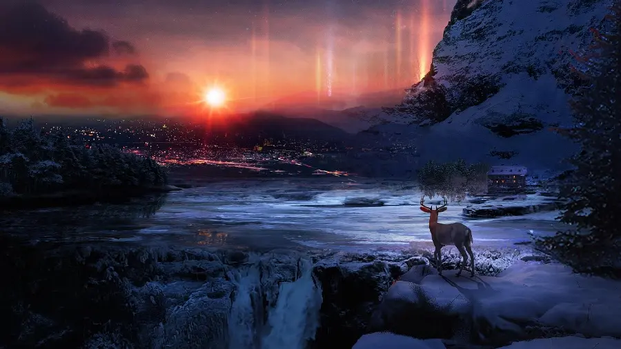 Oil painting of reindeer and illuminated city at night