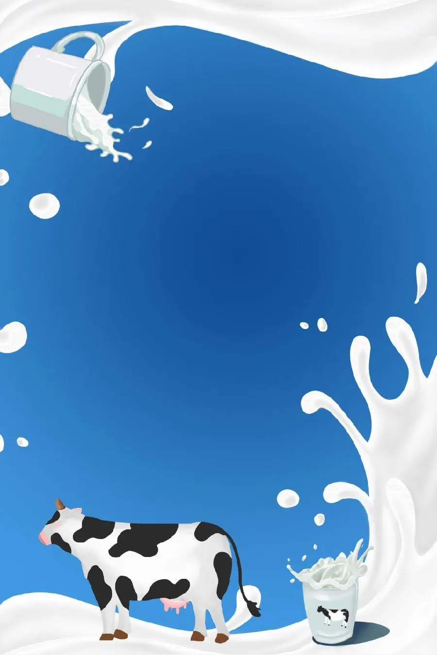 Background painting of a cow with milk on a blue background for advertising and writing text
