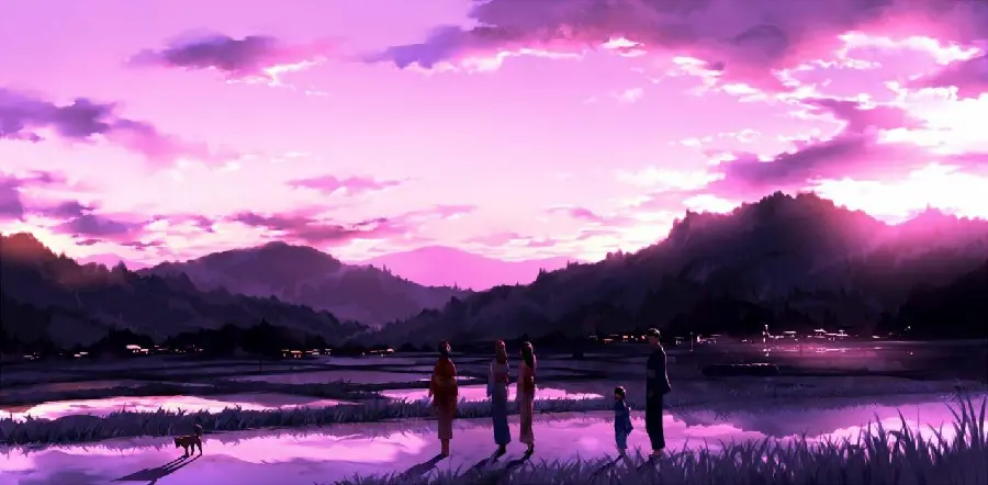 Anime Family on a Beautiful Purple Background with a Wonderful View