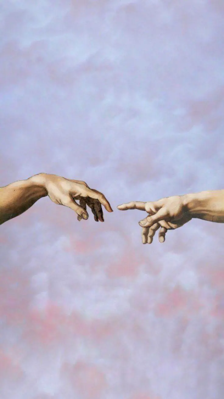 Beautiful purple background with a photo of Michelangelo's hands