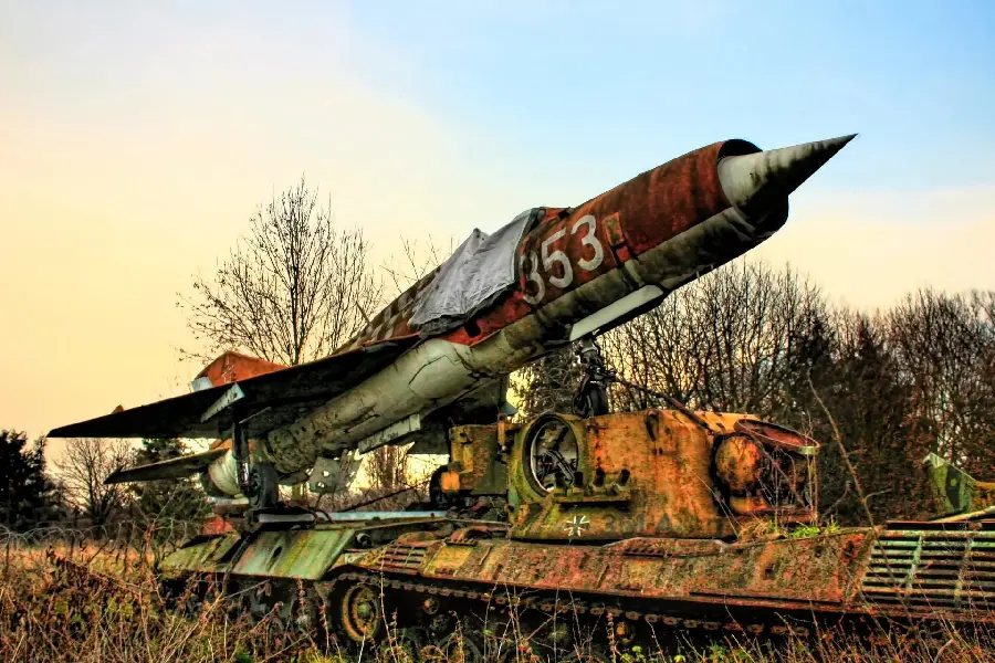 Photo of an old military plane in the shape of a missile