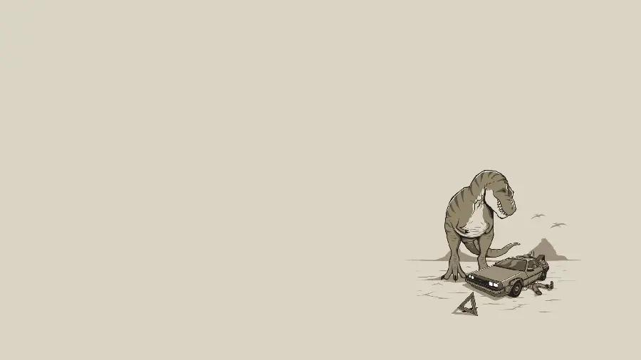 Minimal Painting of Dinosaur and Broken Car on Gray Background