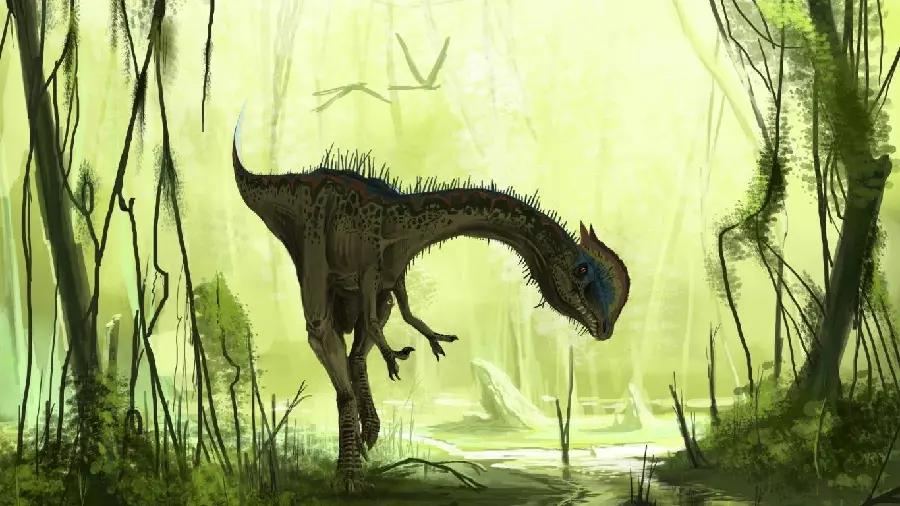 Picture of a scary carnivorous dinosaur in the forest