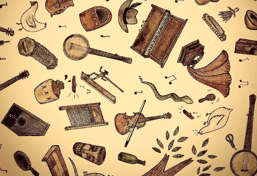 Photo of a repeating pattern of painted musical instruments
