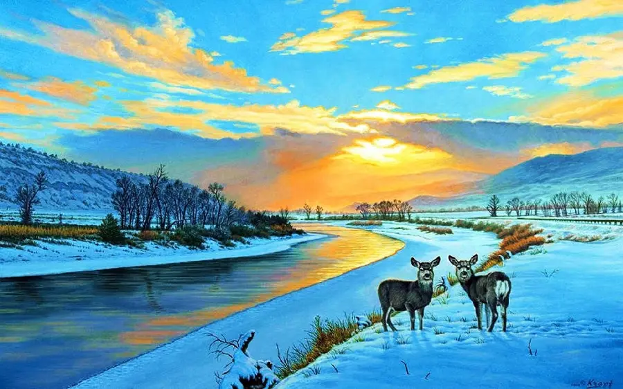 Winter painting with little deer at sunset