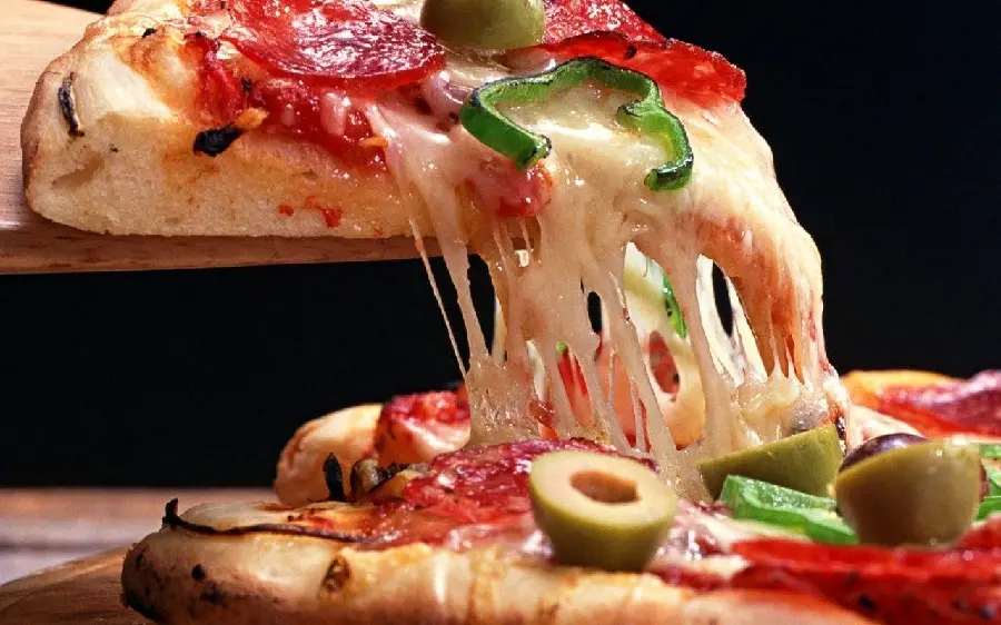 Pizza photo with cheese and olives Italian food wallpaper