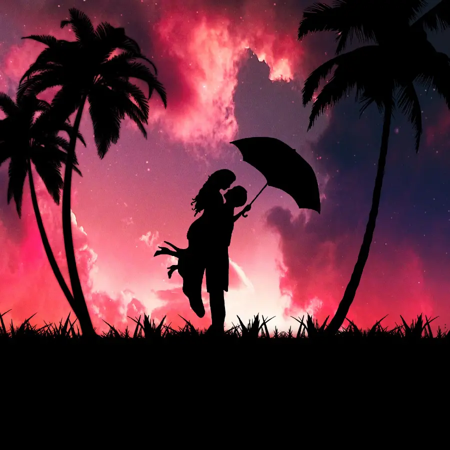 Romantic Background of Dark Couple Girl and Boy in Love by the Beach and Palm Trees Black