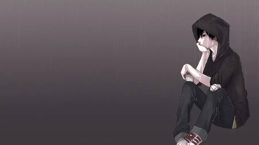 Wallpaper of a lonely anime boy on a black background for writing text