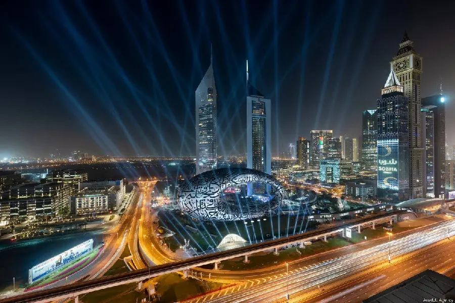 Distant photo of Dubai Museum of the Future at night and beautiful lights in hd quality