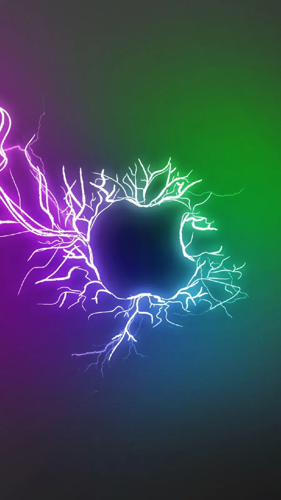 The famous Apple iPhone logo with lightning on a green background and purple for wallpaper