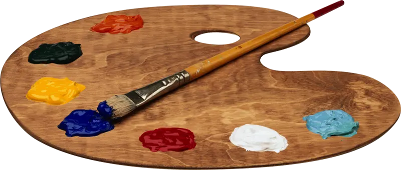 High Quality Photo of Painting Palette with Paint and Real Brushes Cut Out PNG