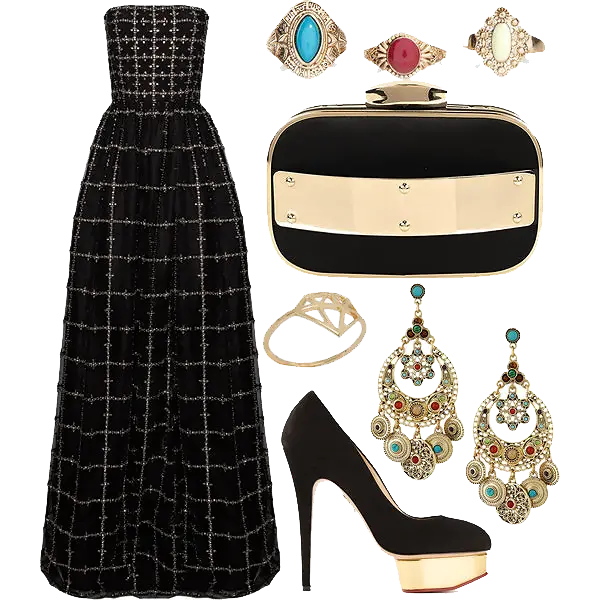 A beautiful evening dress set with earrings, bracelets, bags, shoes and a long dress in png format for free download