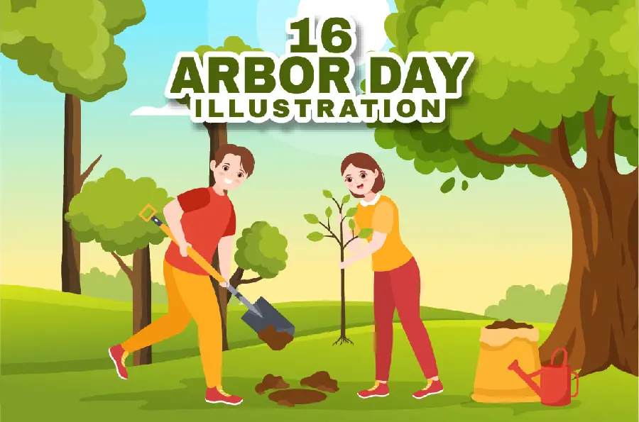 Cartoon photo of a man and a woman planting a tree For Arbor Day Greetings