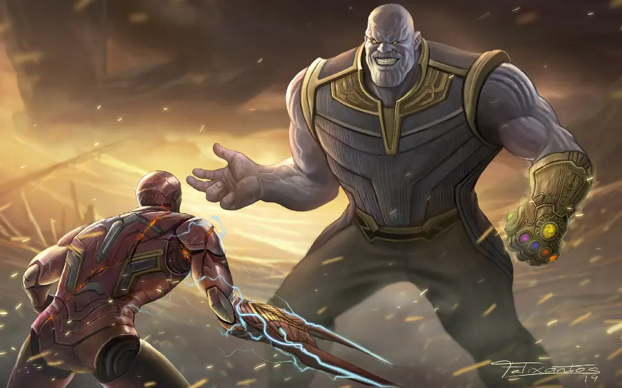 Fantasy picture and drawing of the fight between Iron Man and Thanos