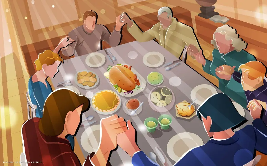 Cartoon Family Praying and Dinner Table Picture