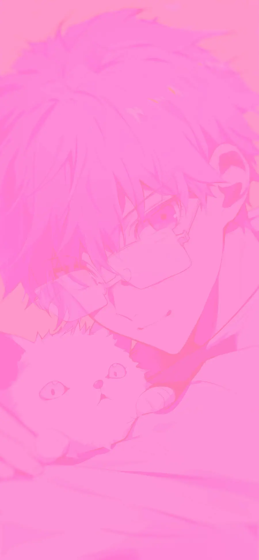 Anime boy background next to a cat with a pink theme for phone wallpaper