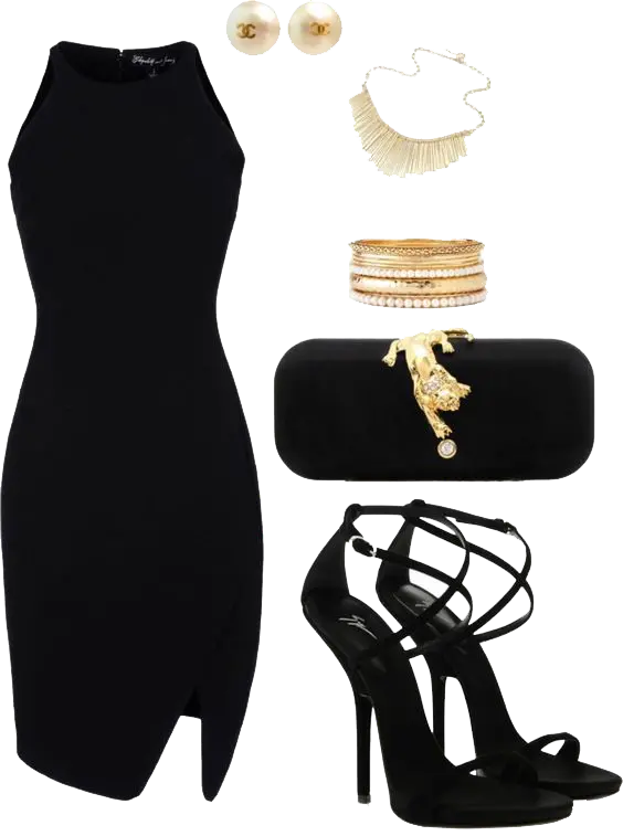 Black evening dress set with high heels and a beautiful bag