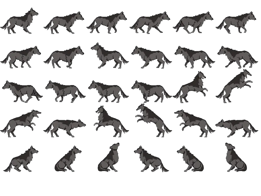 Wallpaper of different poses of wolf png in a frame