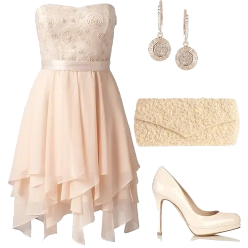 A set of clothes, shoes, bags and earrings in luxurious and new colors