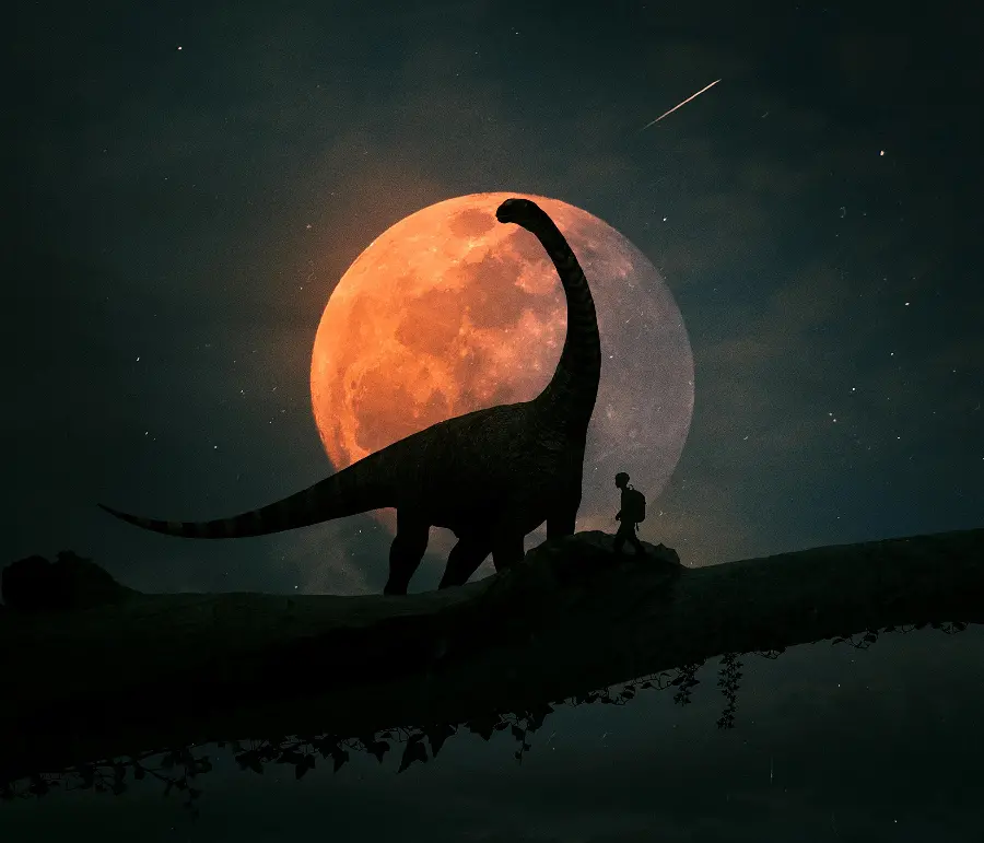 Download long neck dinosaur profile photo next to the red moon