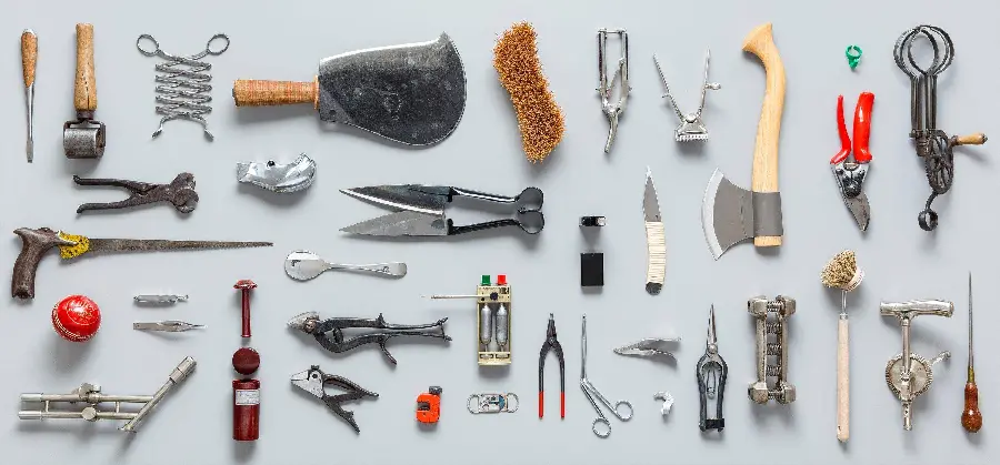 Photo of neat and tidy hand tools on a white background for a background