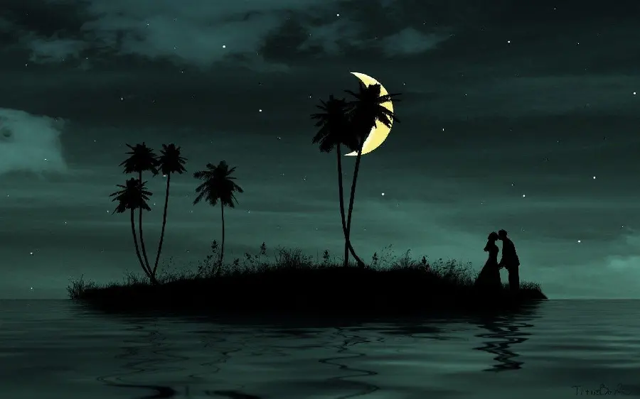 Painting of a small island and a black girl and boy couple simple romantic picture