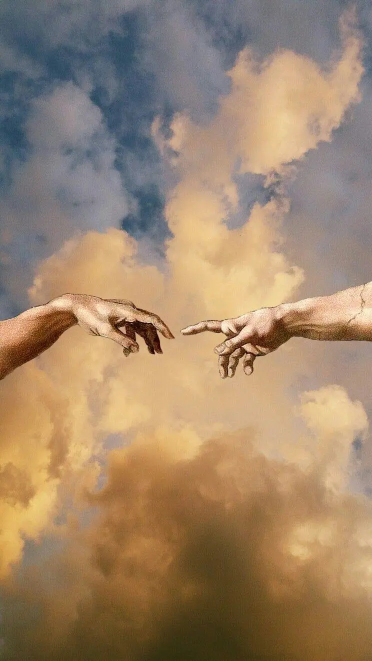 White Clouds Photo with Michelangelo's Hands Painting