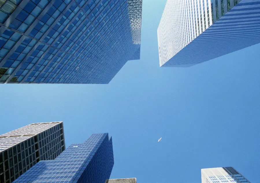 Photo of a commercial building from the bottom up