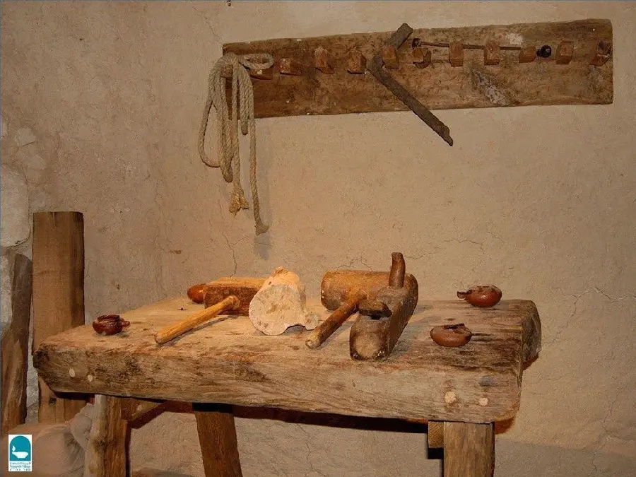 Picture of very old carpentry equipment in a museum