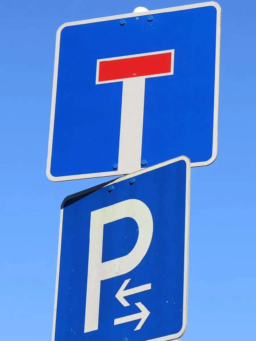 Image of traffic signs indicating a dead end and parking in a frame