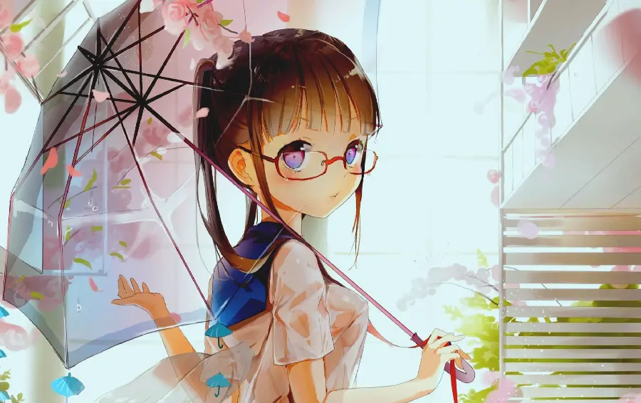 Anime girl with glasses with an umbrella