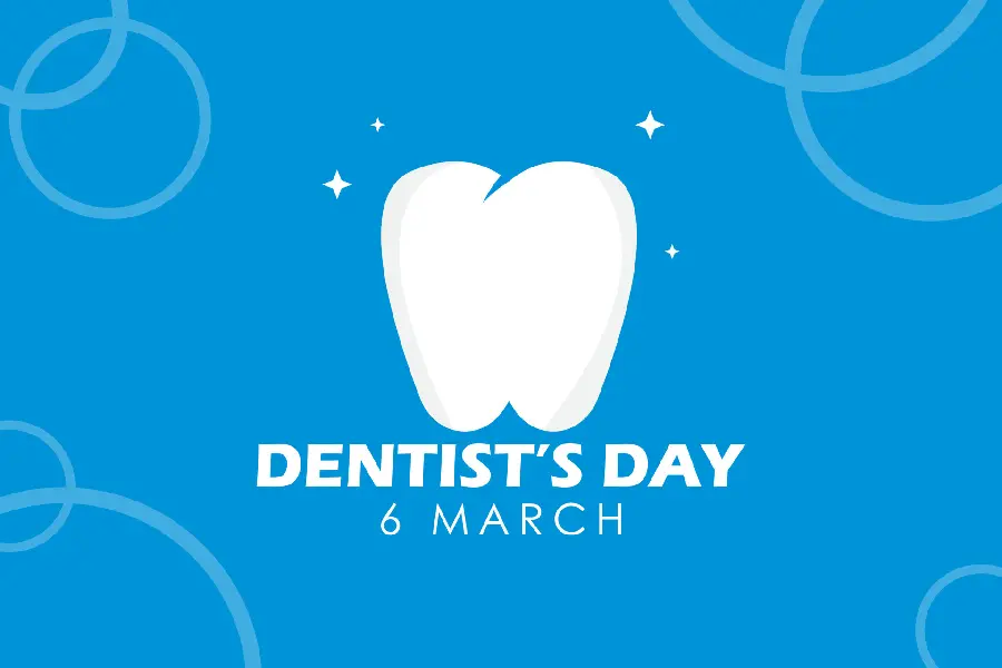 Cartoon tooth picture on blue background with happy dentist day text 