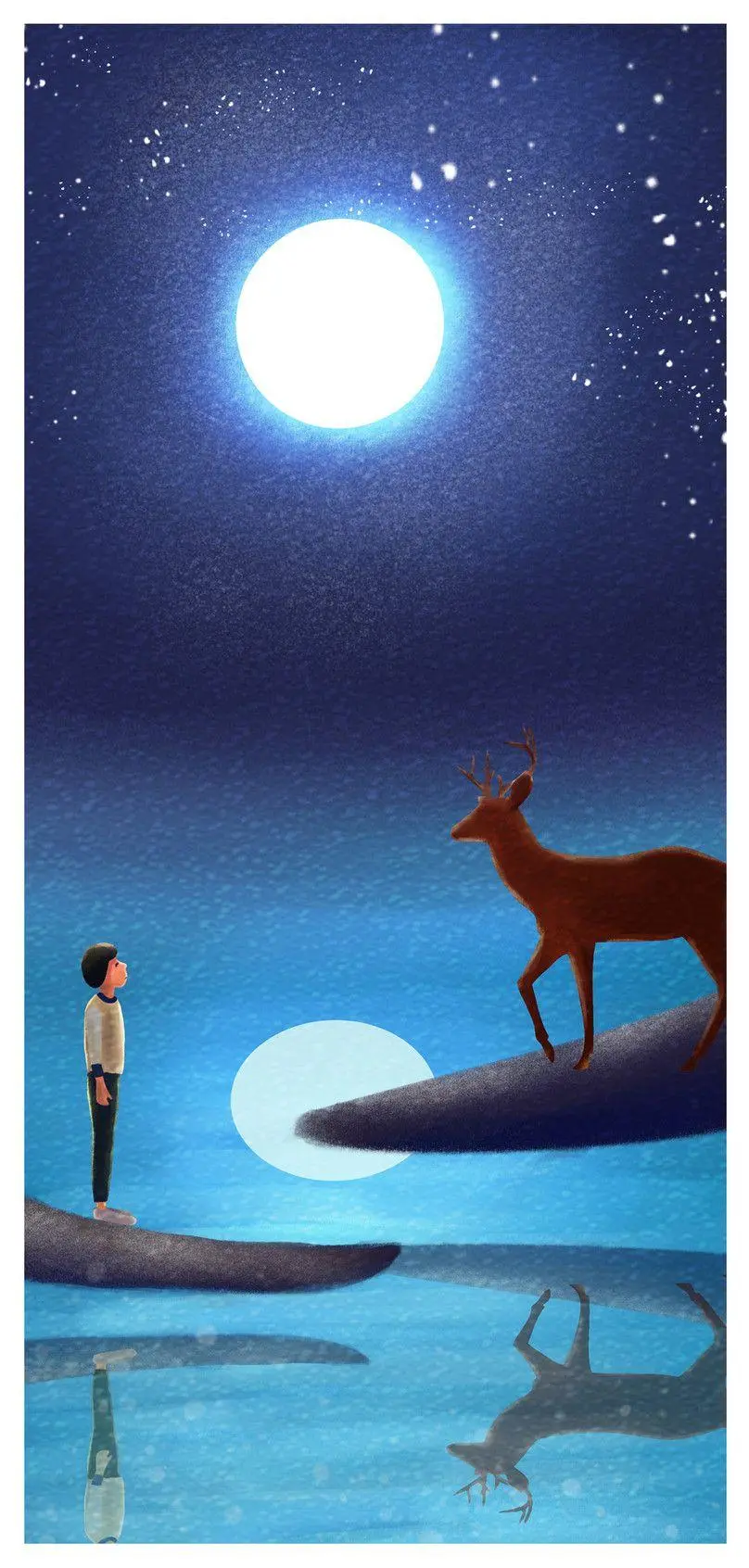 Deer and Boy Painting Wallpaper in Moonlight Night