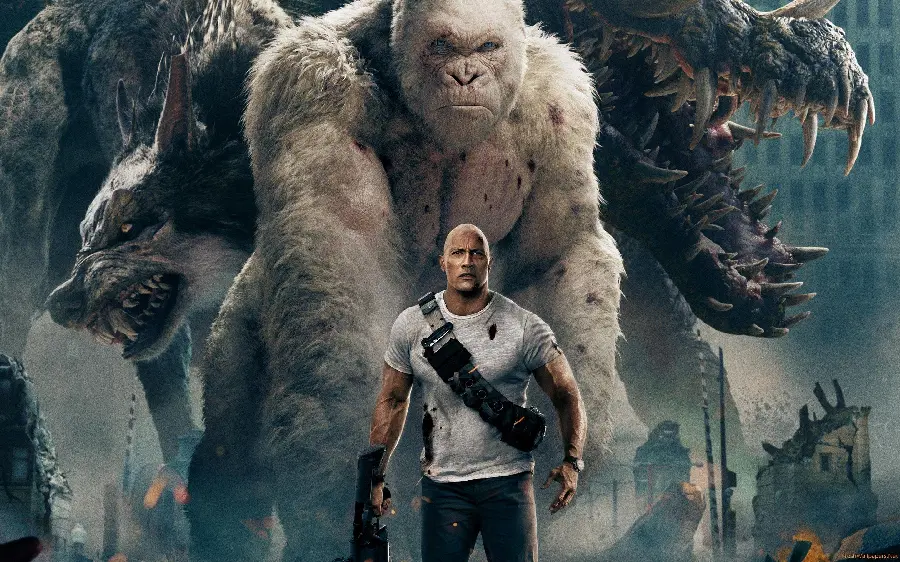 Poster of the movie Rampage starring Dwayne Johnson next to the white gorilla