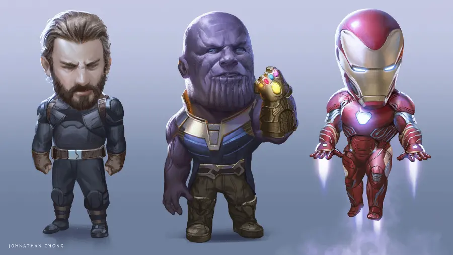 Cartoon photo of Captain America, Iron Man and Thanos